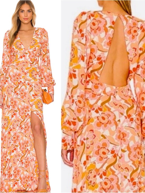 REVOLVE Dresses & Skirts - AFRM Shilo Pink & Orange Floral V-Neck Maxi Dress with Open Back SZ M